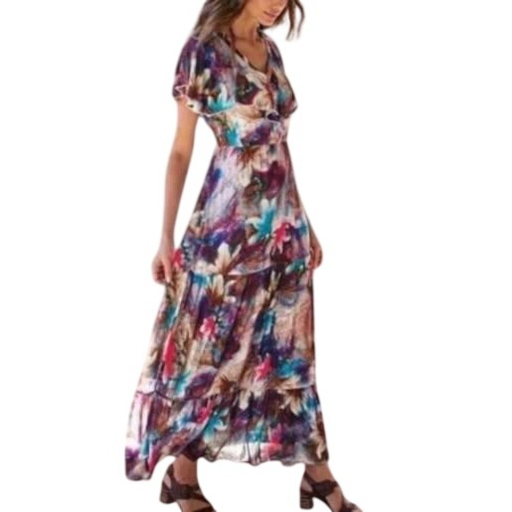Soft Surroundings PM‎ Italian Dreams Floral Watercolor Gauze Tiered Maxi Dress